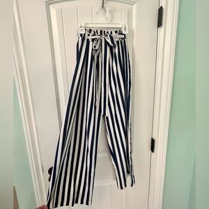 Navy Blue and White Striped Paperbag Waist Pants